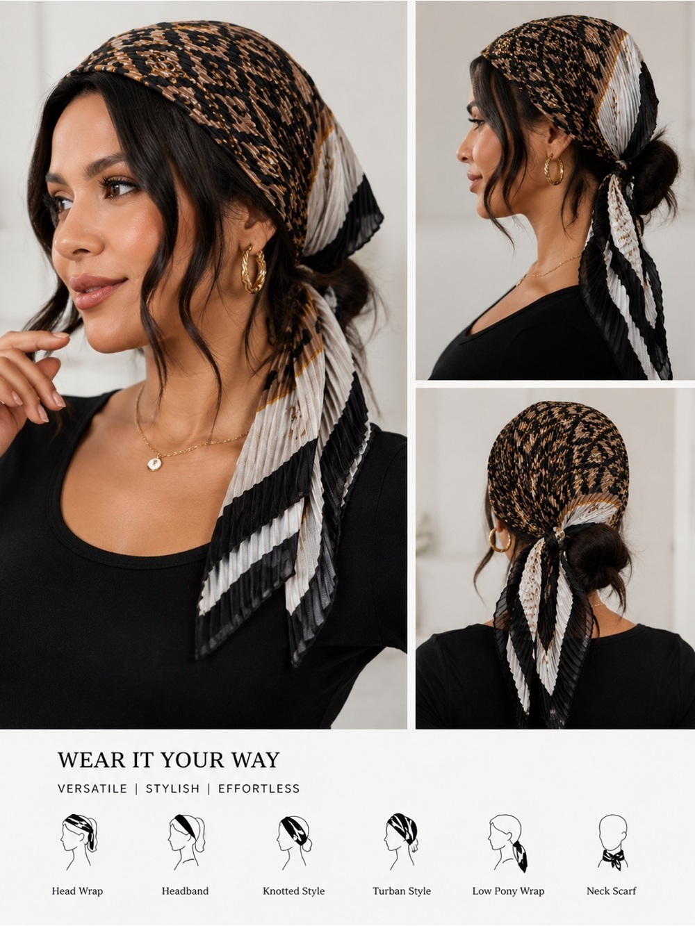 Soft Scarf Headwrap in Black and Brown Animal Print